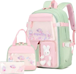 Girls Backpack Set, 3PCS School Backpack, Kawaii Bunny Kids Backpack for Kindergarten Elementary School Preschool Travel Daycare With Lunch Box Pencil Box Green