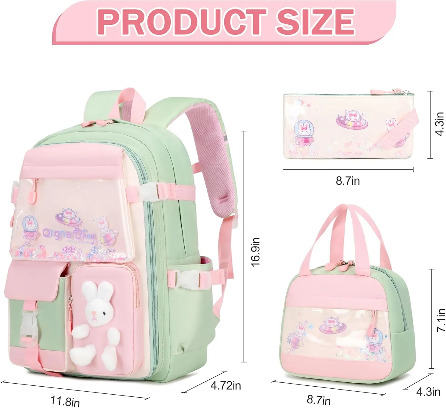 Girls Backpack Set, 3PCS School Backpack, Kawaii Bunny Kids Backpack for Kindergarten Elementary School Preschool Travel Daycare With Lunch Box Pencil Box Green