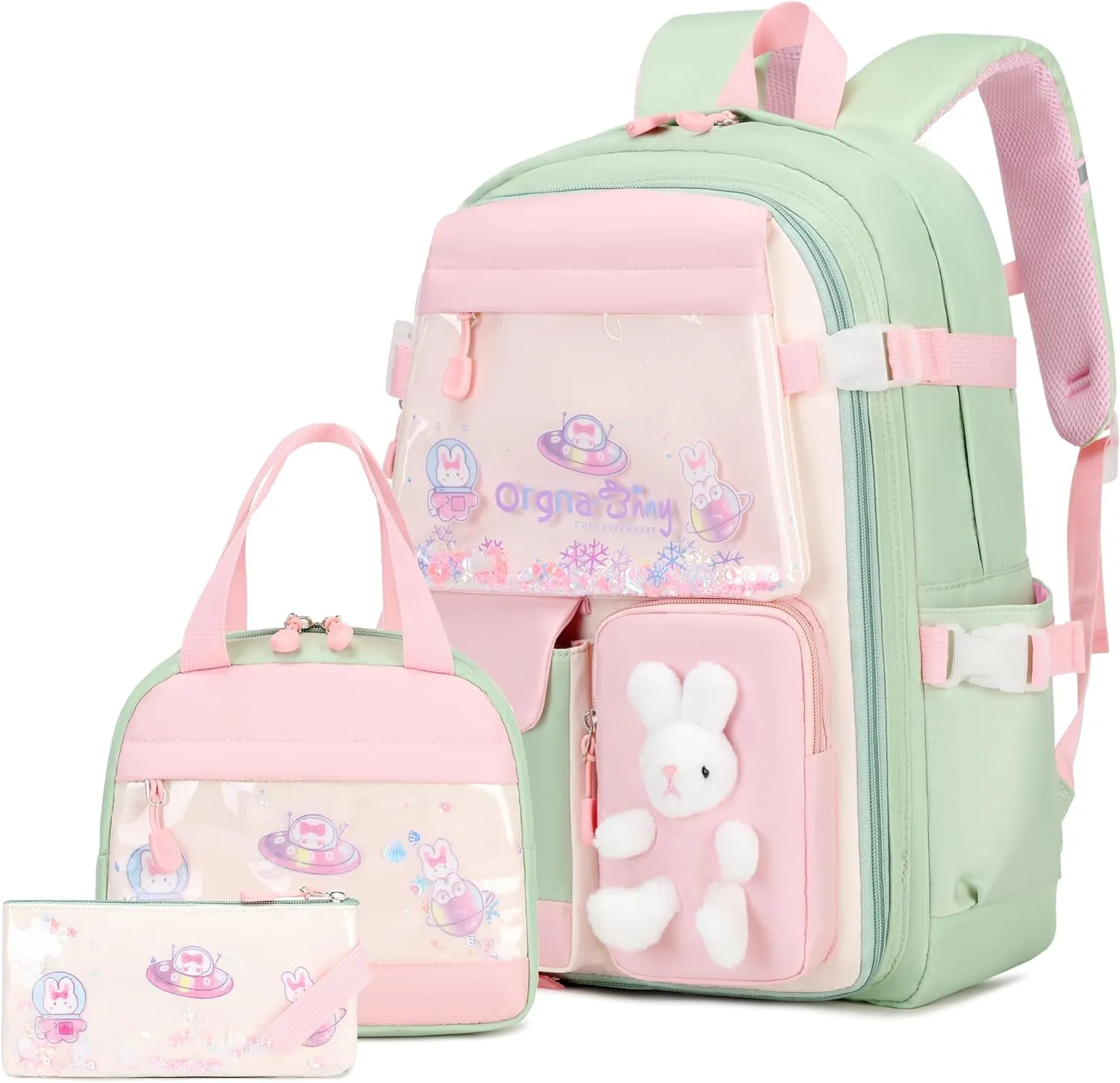 Girls Backpack Set, 3PCS School Backpack, Kawaii Bunny Kids Backpack for Kindergarten Elementary School Preschool Travel Daycare With Lunch Box Pencil Box Green