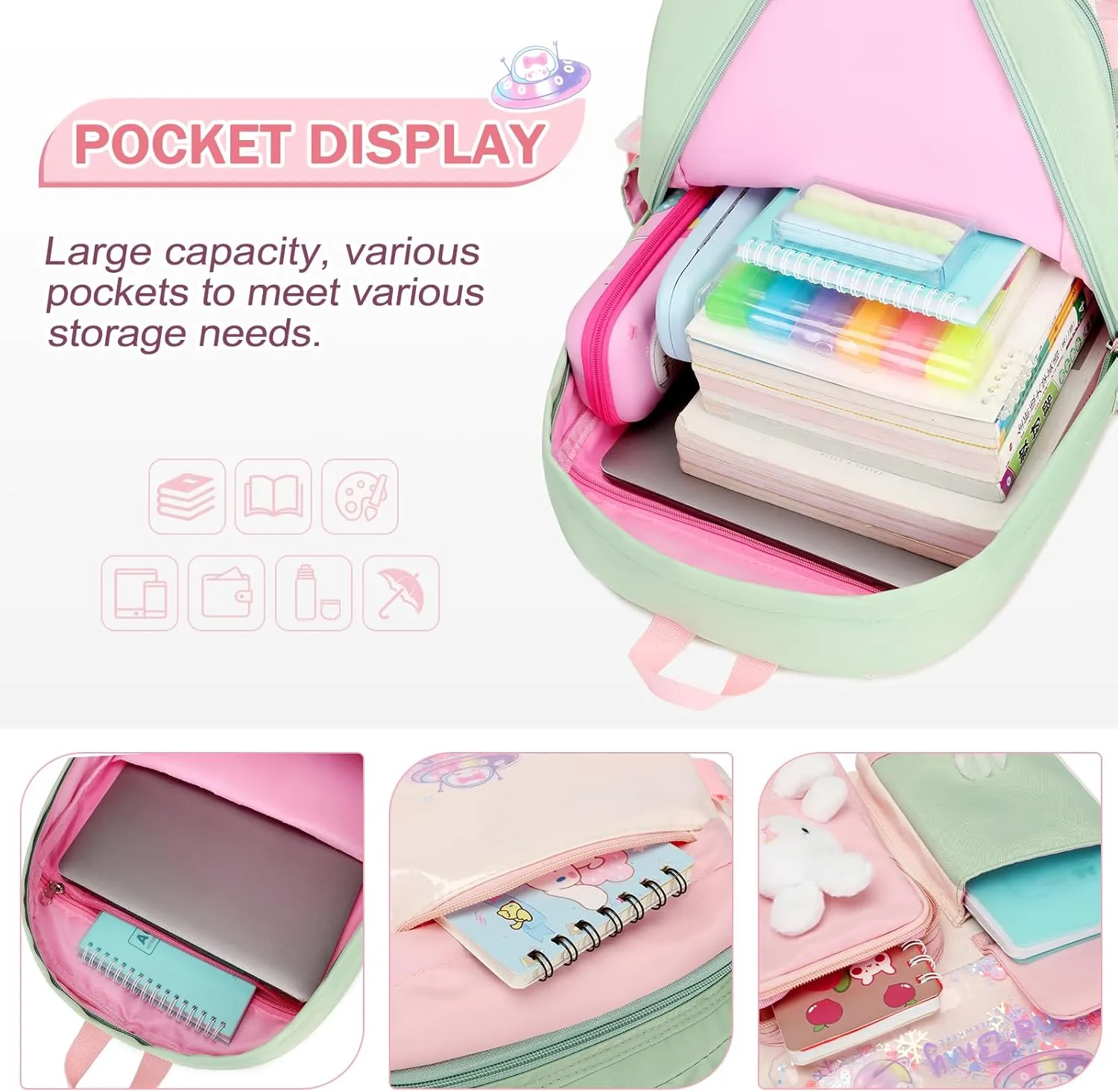 Girls Backpack Set, 3PCS School Backpack, Kawaii Bunny Kids Backpack for Kindergarten Elementary School Preschool Travel Daycare With Lunch Box Pencil Box Green