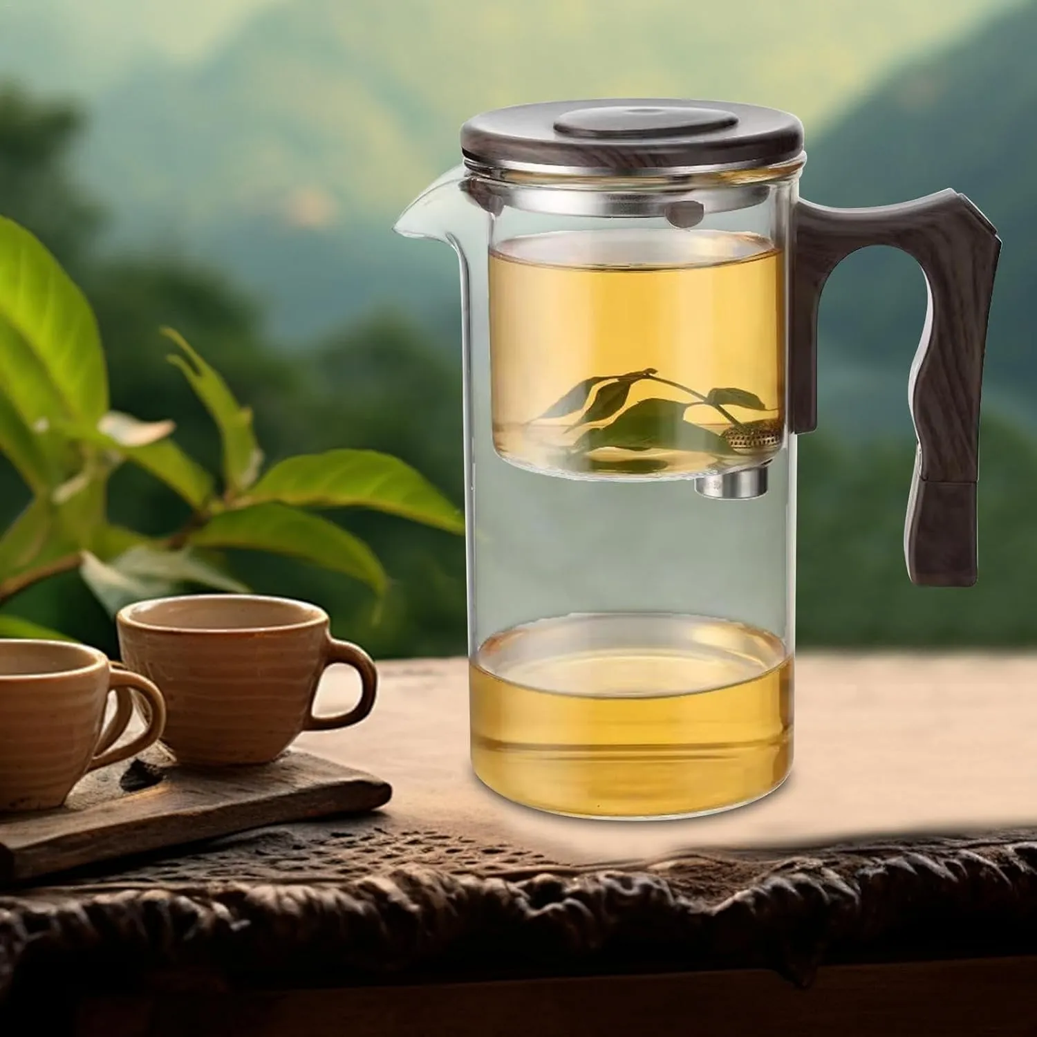 Glass Infuser, Water Separating with Wooden Handle - Elegant Transparent for Flower Tea, Black Tea, Green Tea