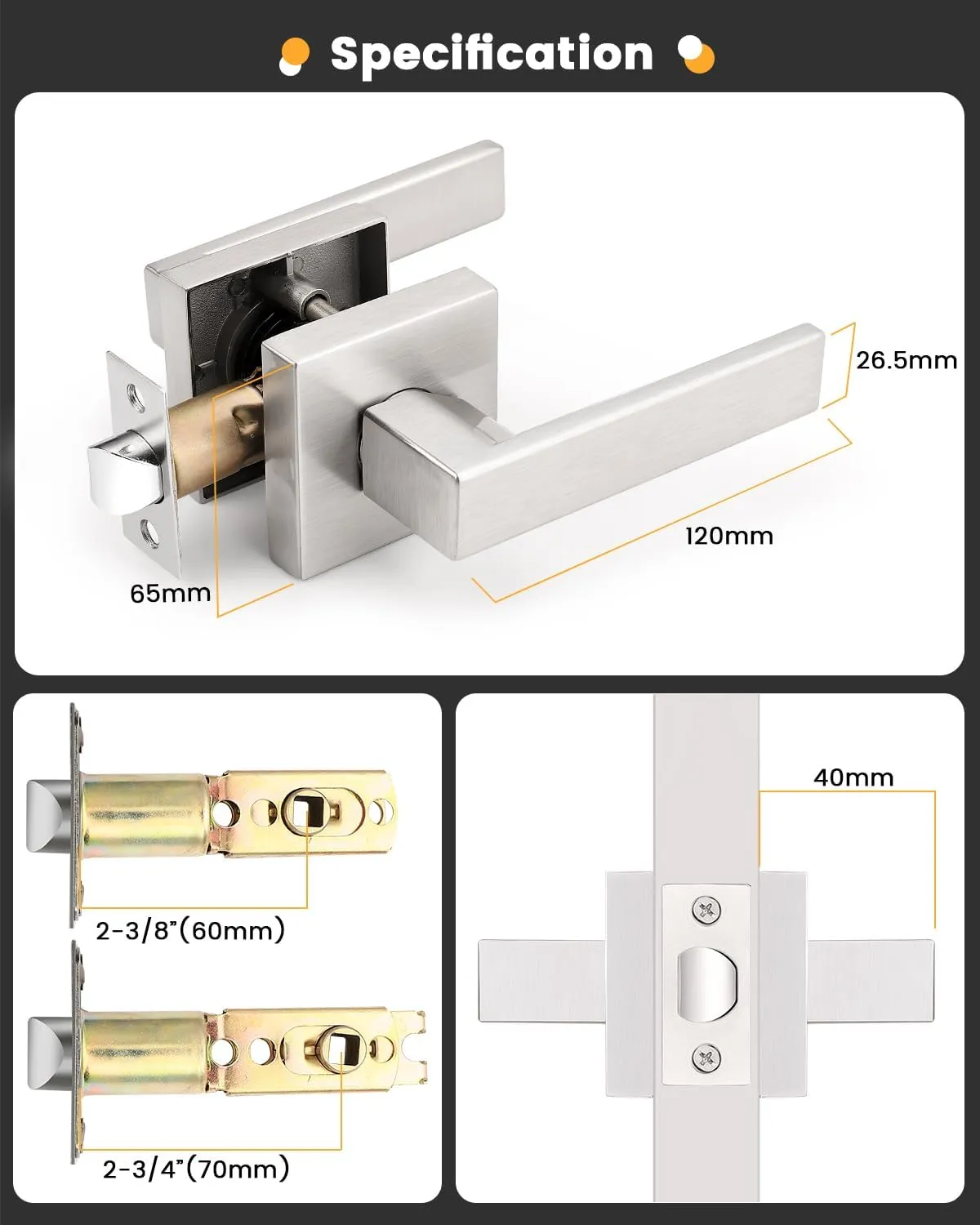 Gobrico 3 Pack Square Rosette Passage Door Handles,Interior Door Locks for Hall/Closet,Satin Nickel Finished