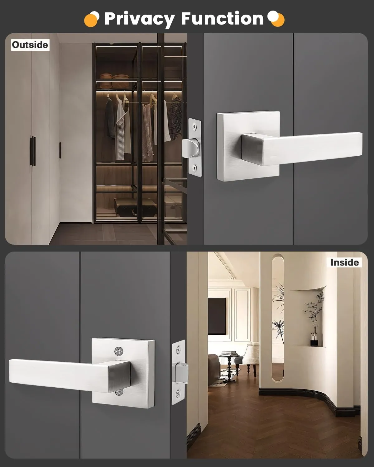 Gobrico 3 Pack Square Rosette Passage Door Handles,Interior Door Locks for Hall/Closet,Satin Nickel Finished