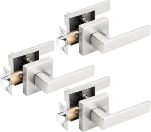 Gobrico 3 Pack Square Rosette Passage Door Handles,Interior Door Locks for Hall/Closet,Satin Nickel Finished
