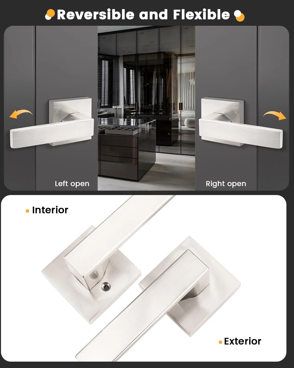 Gobrico 3 Pack Square Rosette Passage Door Handles,Interior Door Locks for Hall/Closet,Satin Nickel Finished