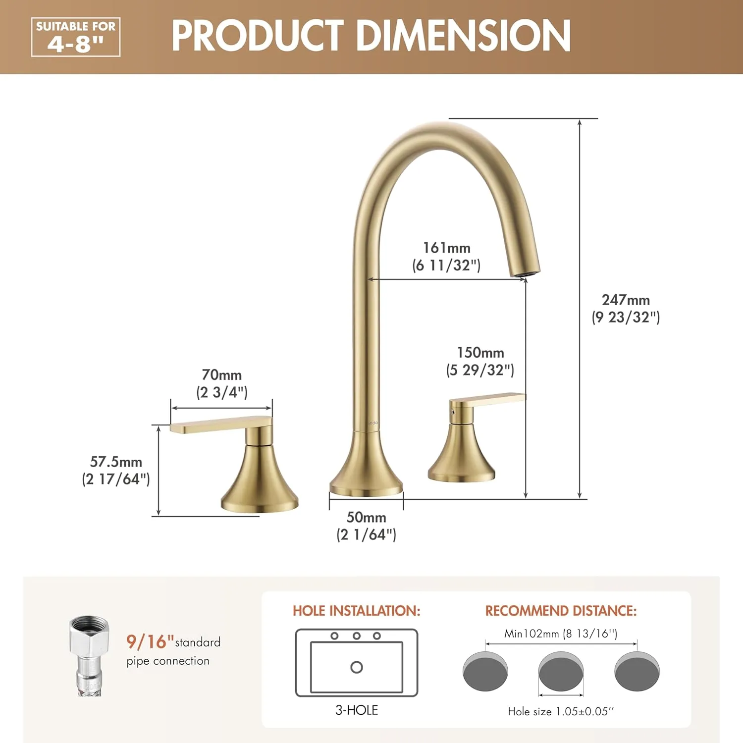 Gold Bathroom Faucet，360° Swivel Spout Two Handles Widespread Bathroom Faucets，4 Inch 8inch Brass Bathroom Sink Faucet 3 Holes with Pop-Up Drain and Water Supply Lines， Brushed Gold