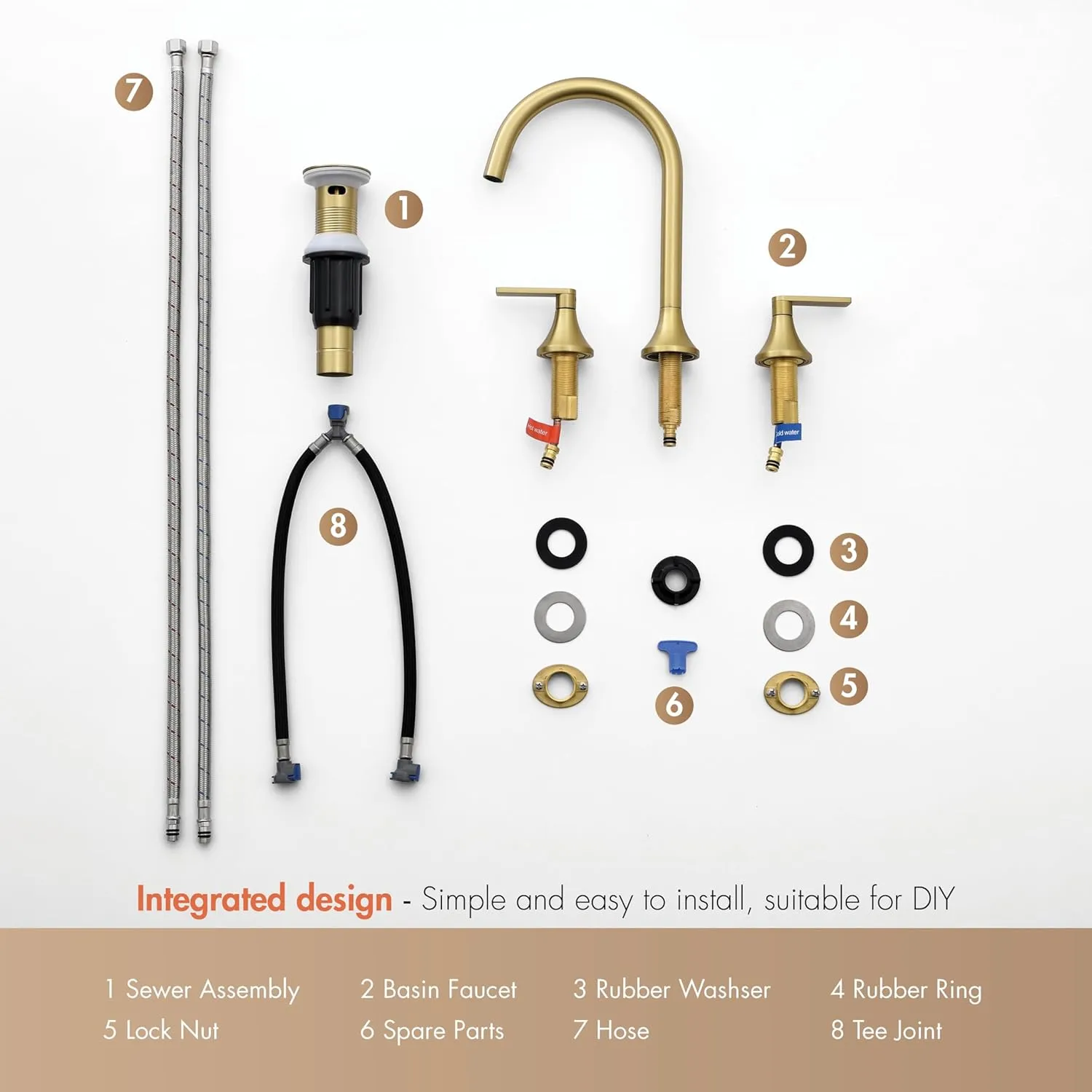 Gold Bathroom Faucet，360° Swivel Spout Two Handles Widespread Bathroom Faucets，4 Inch 8inch Brass Bathroom Sink Faucet 3 Holes with Pop-Up Drain and Water Supply Lines， Brushed Gold