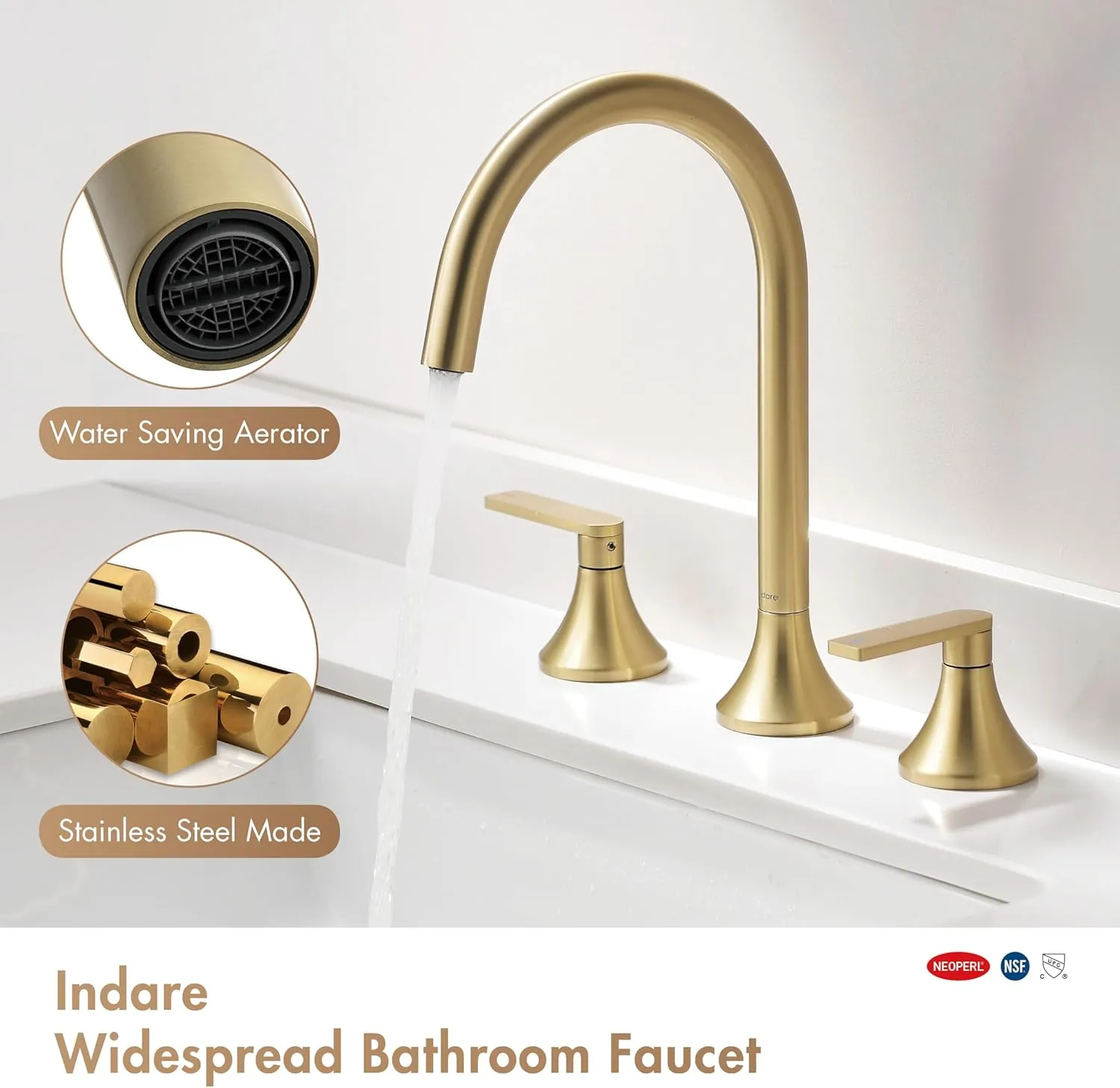Gold Bathroom Faucet，360° Swivel Spout Two Handles Widespread Bathroom Faucets，4 Inch 8inch Brass Bathroom Sink Faucet 3 Holes with Pop-Up Drain and Water Supply Lines， Brushed Gold