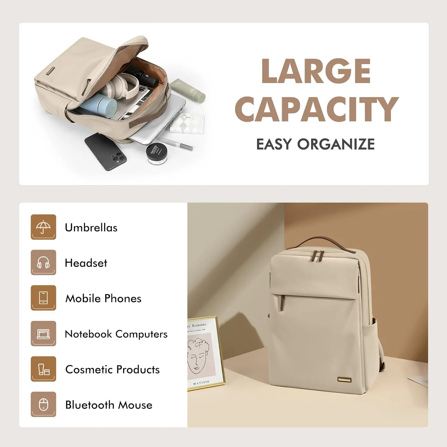 GOLF SUPAGS Travel Laptop Backpack for Women Airline Approved for Work College Travel Multi-Functional Casual Daypack Teacher Nurse Bags Fits 15.6 Inch Notebook (Apricot)
