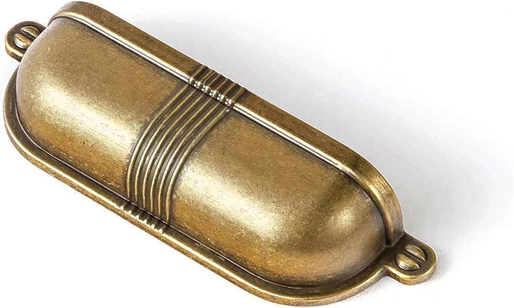 Goo-Ki 6 Pack 3 Inch Antique Brass Cup Pulls with Textured Strap Design, Elegant Vintage Bin Handles for Kitchen & Furniture