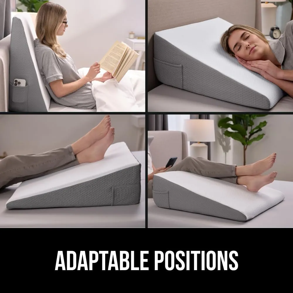 GORILLA GRIP Bed Wedge Pillow for Sleeping, Soft Dual Layer Memory Foam, Stay in Place Dots, Breathable, Ergonomic Headboard Triangle Sleep Support, Reading Elevation Anti Snoring, 12in White Gray