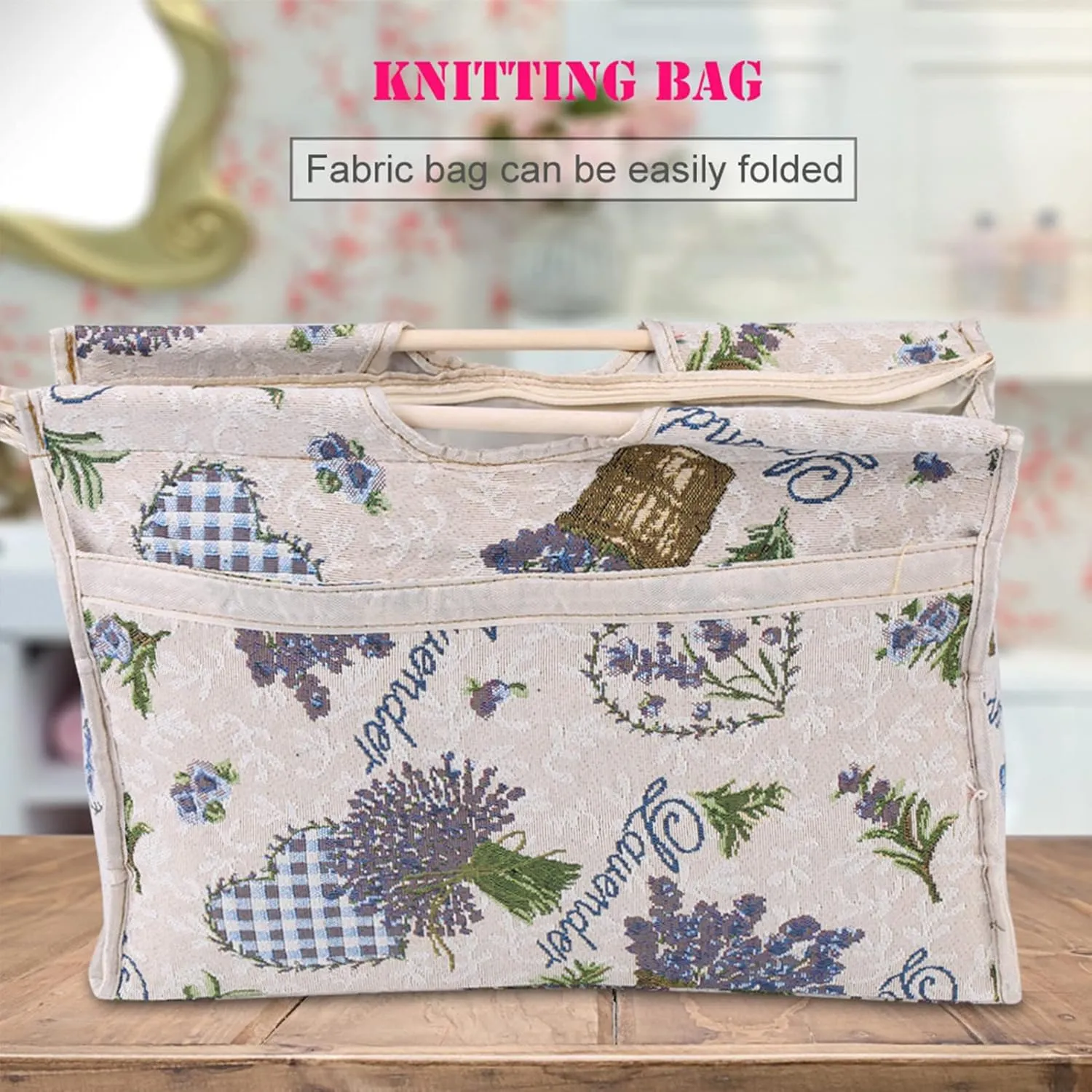 GOTOTOP Knitting Bag Yarn Organizer Bag Knitting Needle Storage Bag Wood Handle Woven Fabric Storage Bag for Knitting Sewing Tools,16.5 x 11.8 x 4.3in(Flower)