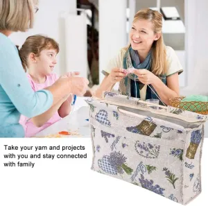 GOTOTOP Knitting Bag Yarn Organizer Bag Knitting Needle Storage Bag Wood Handle Woven Fabric Storage Bag for Knitting Sewing Tools,16.5 x 11.8 x 4.3in(Flower)