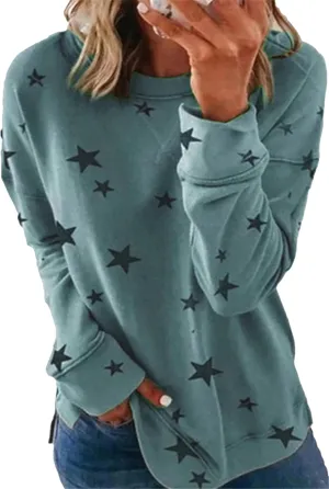 GRASWE Womens Casual Lightweight Sweatshirts Star Print Side Split Pullover Fashion Long Sleeve Tops