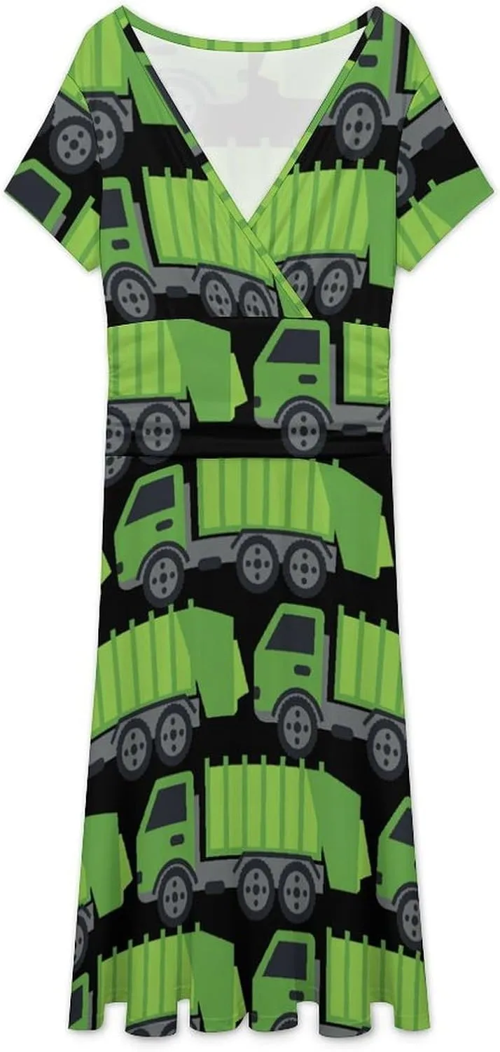 Green Garbage Truck Women's Midi Dress Short Sleeve Dresses V Neck Sundress Casual Summer