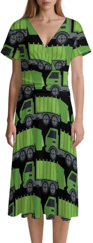 Green Garbage Truck Women's Midi Dress Short Sleeve Dresses V Neck Sundress Casual Summer