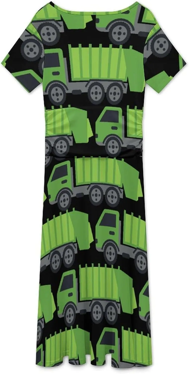 Green Garbage Truck Women's Midi Dress Short Sleeve Dresses V Neck Sundress Casual Summer