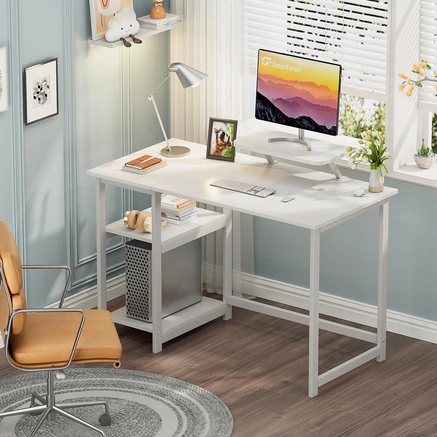 GreenForest Computer Desk with Monitor Stand,39 inch Small Desk with Reversible Storage Shelve,Home Office Work Desk for Small Spaces,Easy Assembly,Full White