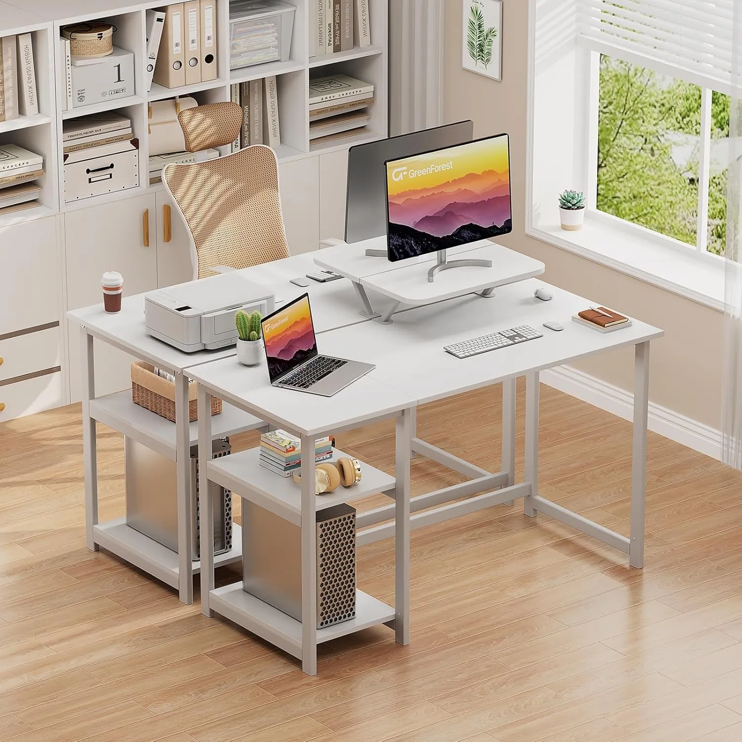 GreenForest Computer Desk with Monitor Stand,39 inch Small Desk with Reversible Storage Shelve,Home Office Work Desk for Small Spaces,Easy Assembly,Full White
