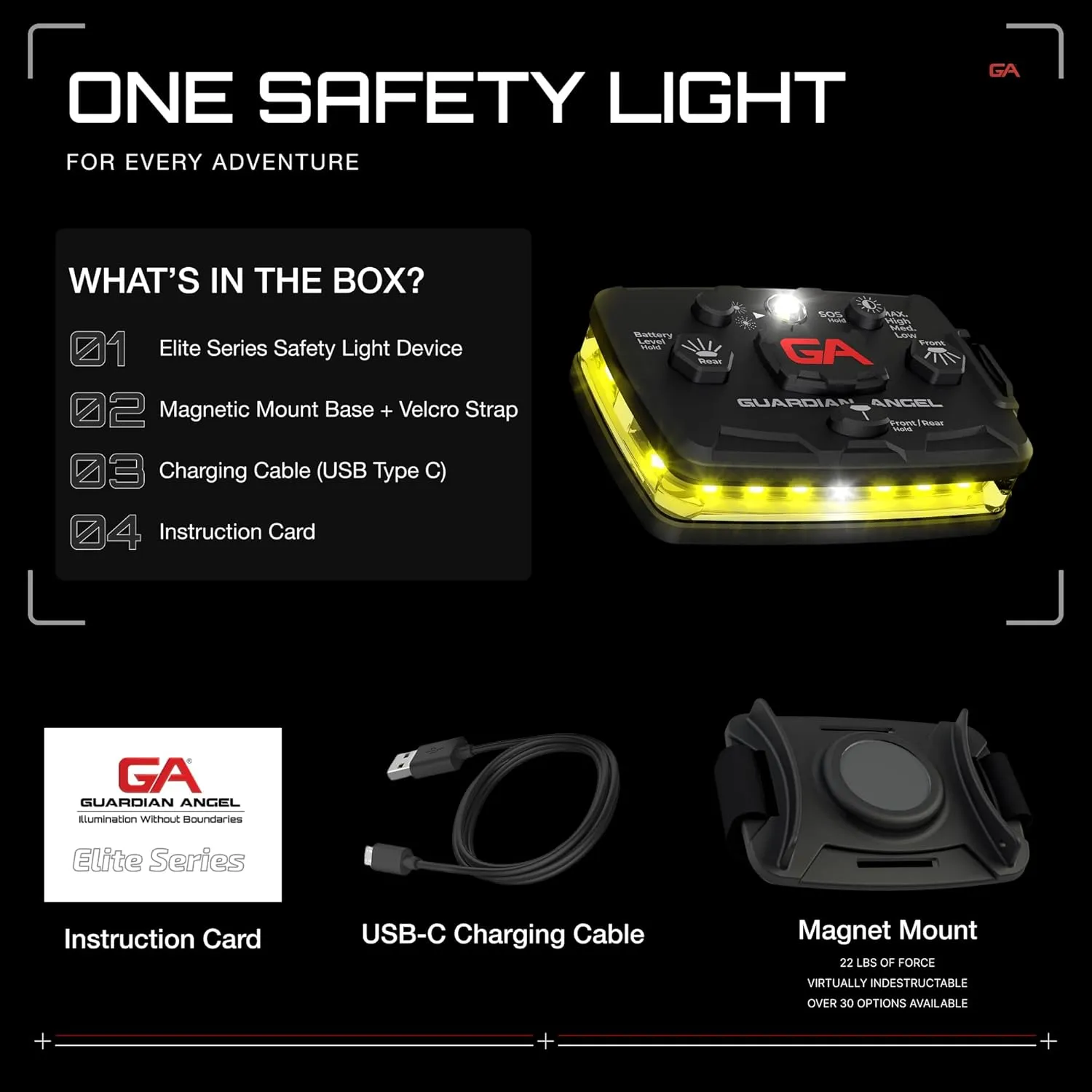 Guardian Angel Elite Series Safety Light, Beacon Device (Yellow Front & Yellow Rear) Rechargeable, Magnetic, Hands-Free Wearable & Mountable LED Light for Construction, Utility, Towing, & Rescue Ops