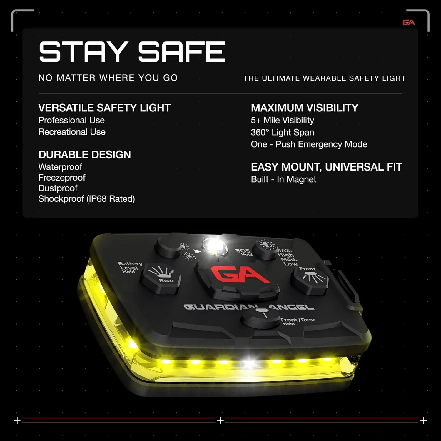 Guardian Angel Elite Series Safety Light, Beacon Device (Yellow Front & Yellow Rear) Rechargeable, Magnetic, Hands-Free Wearable & Mountable LED Light for Construction, Utility, Towing, & Rescue Ops