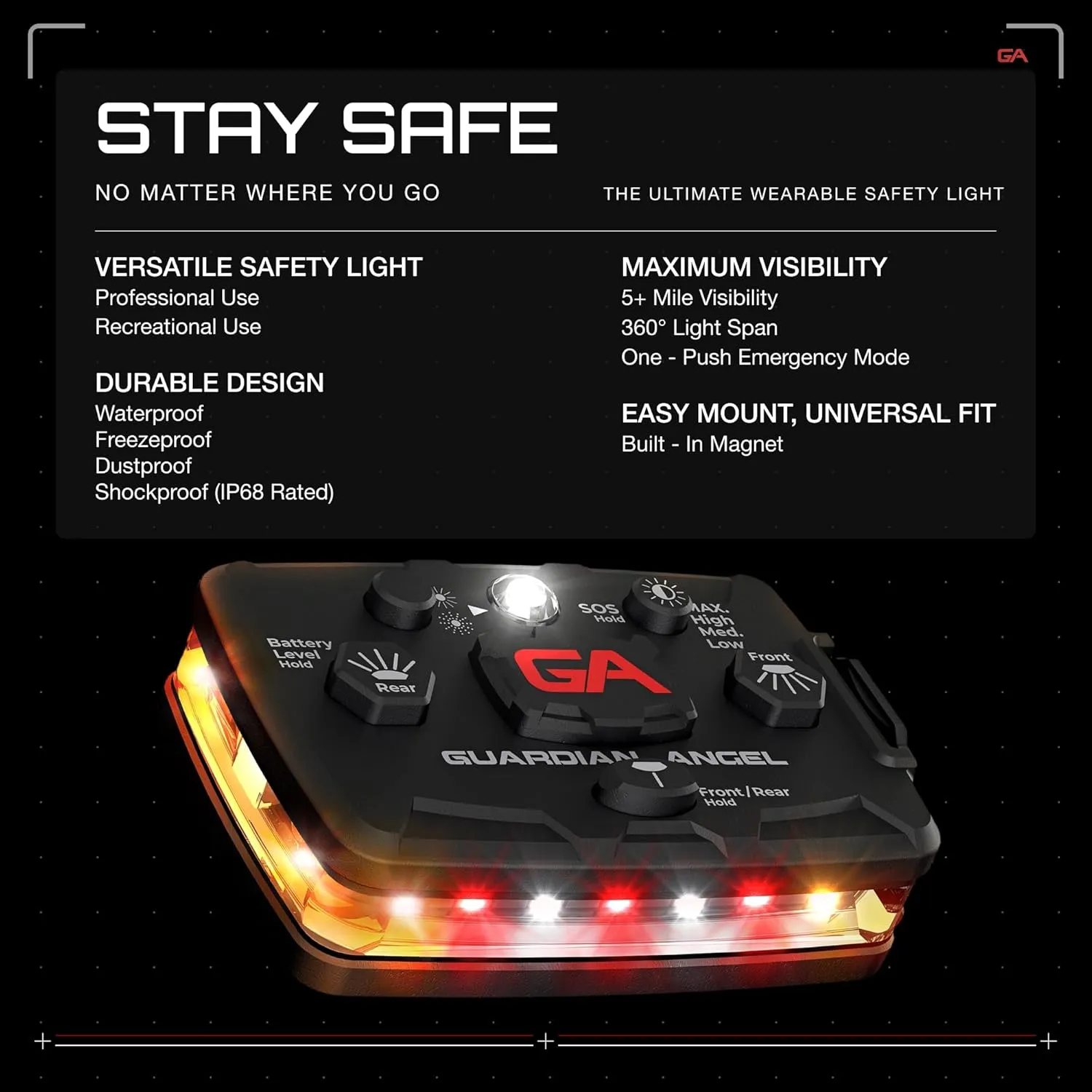 Guardian Angel Elite Series Safety Light (Orange/White/Red Front & Orange Rear) - Rechargeable, Magnetic, Hands-Free Wearable LED Light for Construction, Roadside, Utility, Towing, Hunting, PPE Safety