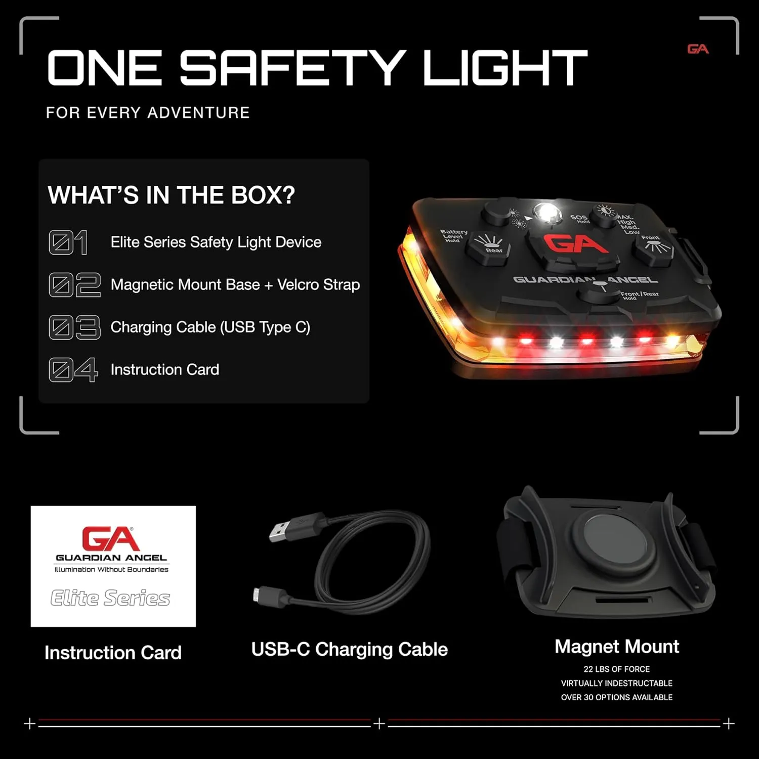 Guardian Angel Elite Series Safety Light (Orange/White/Red Front & Orange Rear) - Rechargeable, Magnetic, Hands-Free Wearable LED Light for Construction, Roadside, Utility, Towing, Hunting, PPE Safety