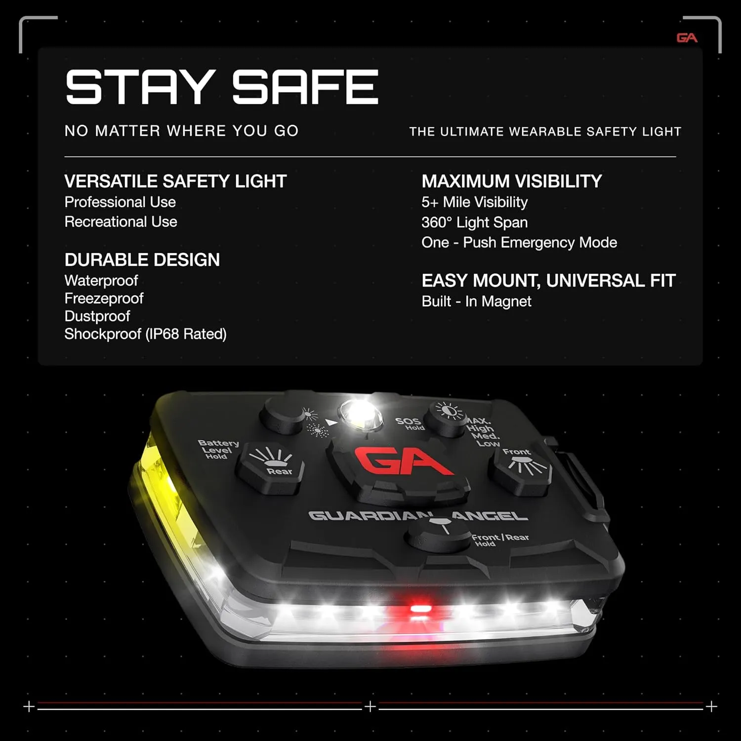 Guardian Angel Elite Series Safety Light - White Front & Yellow Rear - Rechargeable, Magnetic, Hands-Free Wearable & Mountable LED Flashlight for Construction, Roadside, Utility & Industrial PPE