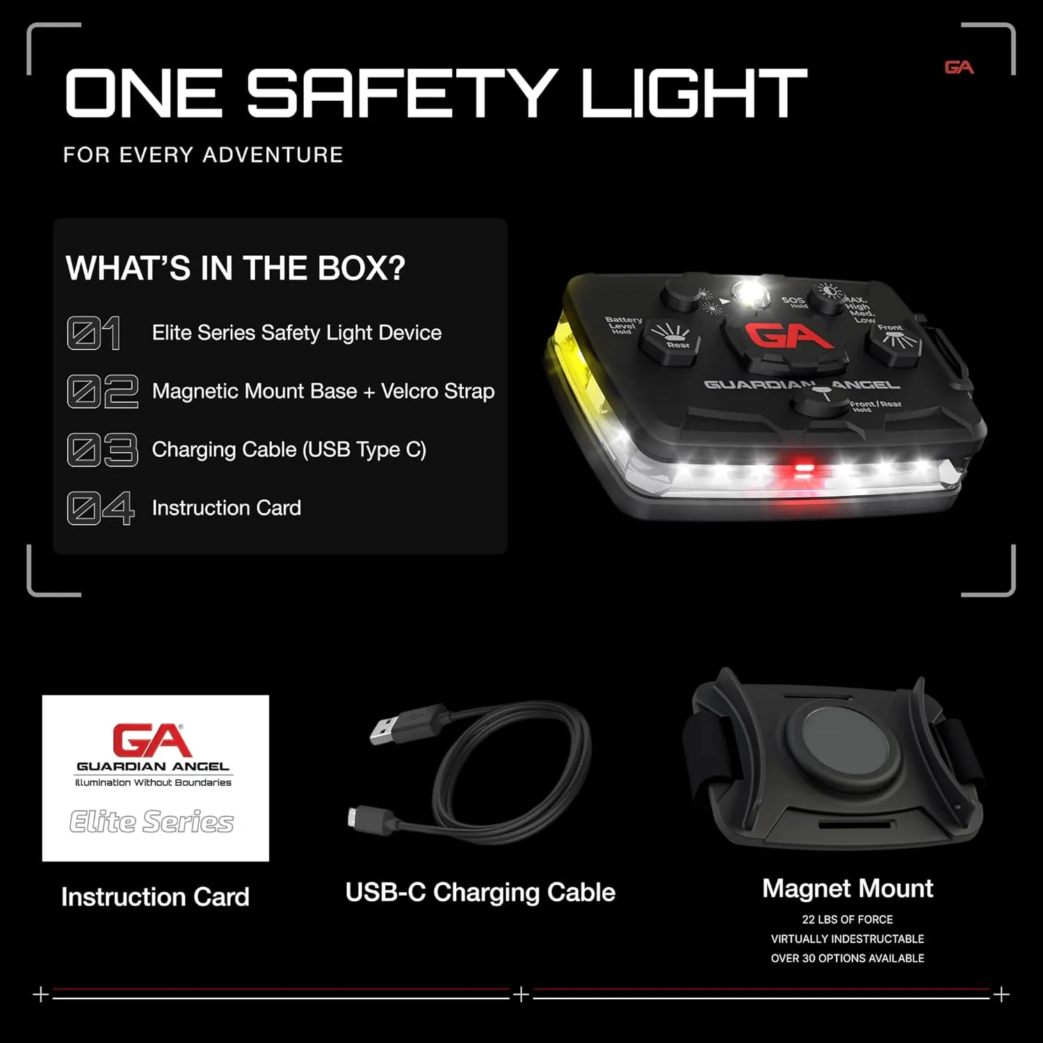 Guardian Angel Elite Series Safety Light - White Front & Yellow Rear - Rechargeable, Magnetic, Hands-Free Wearable & Mountable LED Flashlight for Construction, Roadside, Utility & Industrial PPE