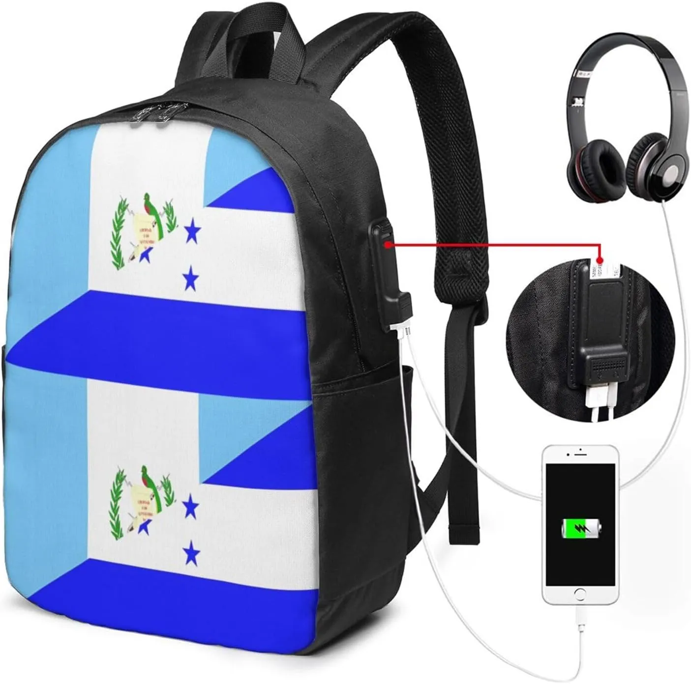 Guatemala Honduras Flag Travel Backpack 17-Inch Laptop Backpacks Business Rucksack Casual Sport Daypack with USB Charging Port Carry-on Bag for Camping Biking