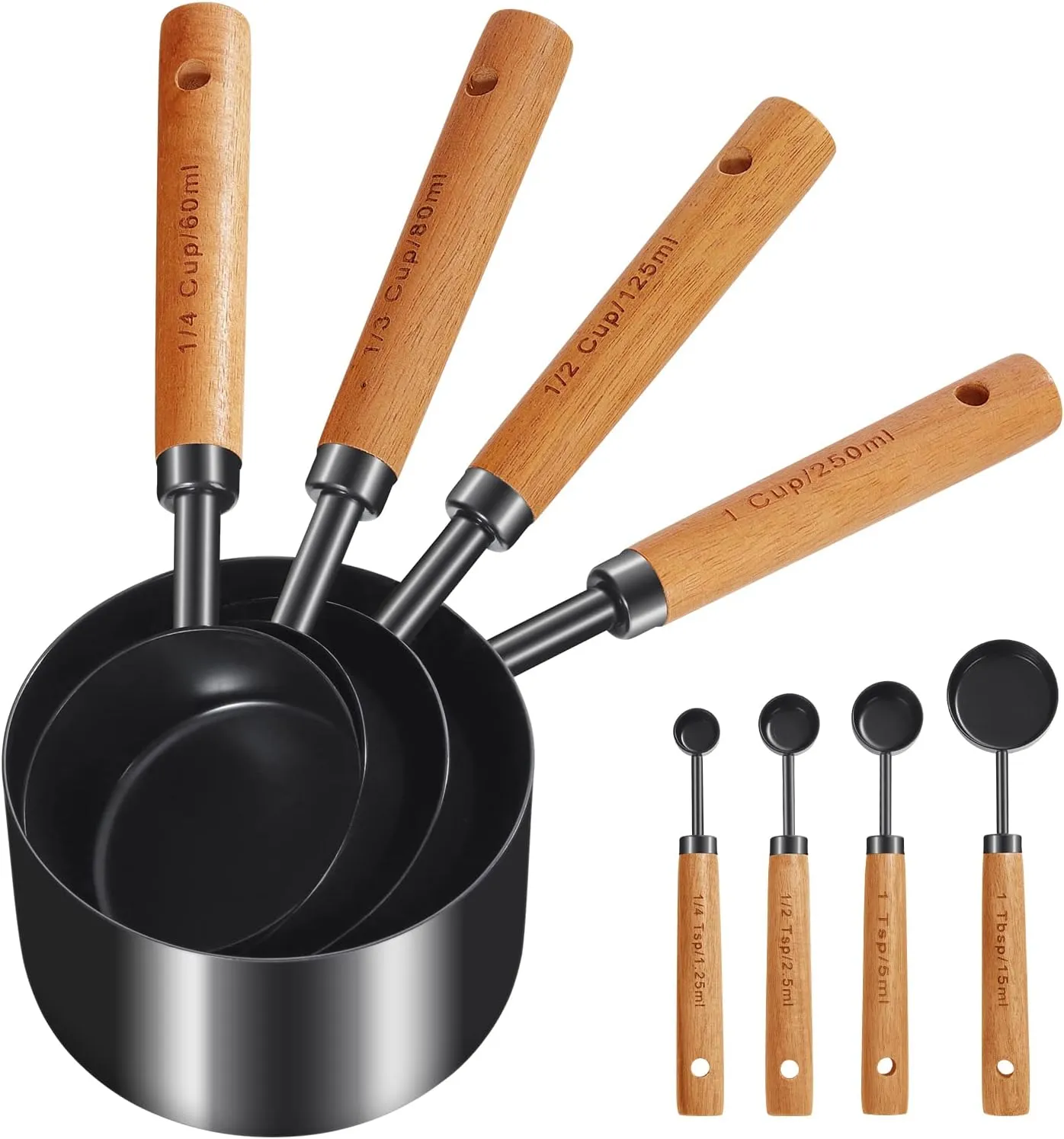 GuDoQi Measuring Cups and Spoons Set of 8, Wood Handle with Metric and US Measurements, Premium Stainless Steel, Black Polished Finish, Dry & Liquid Measuring Cup, for Cooking and Baking