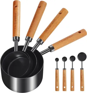 GuDoQi Measuring Cups and Spoons Set of 8, Wood Handle with Metric and US Measurements, Premium Stainless Steel, Black Polished Finish, Dry & Liquid Measuring Cup, for Cooking and Baking