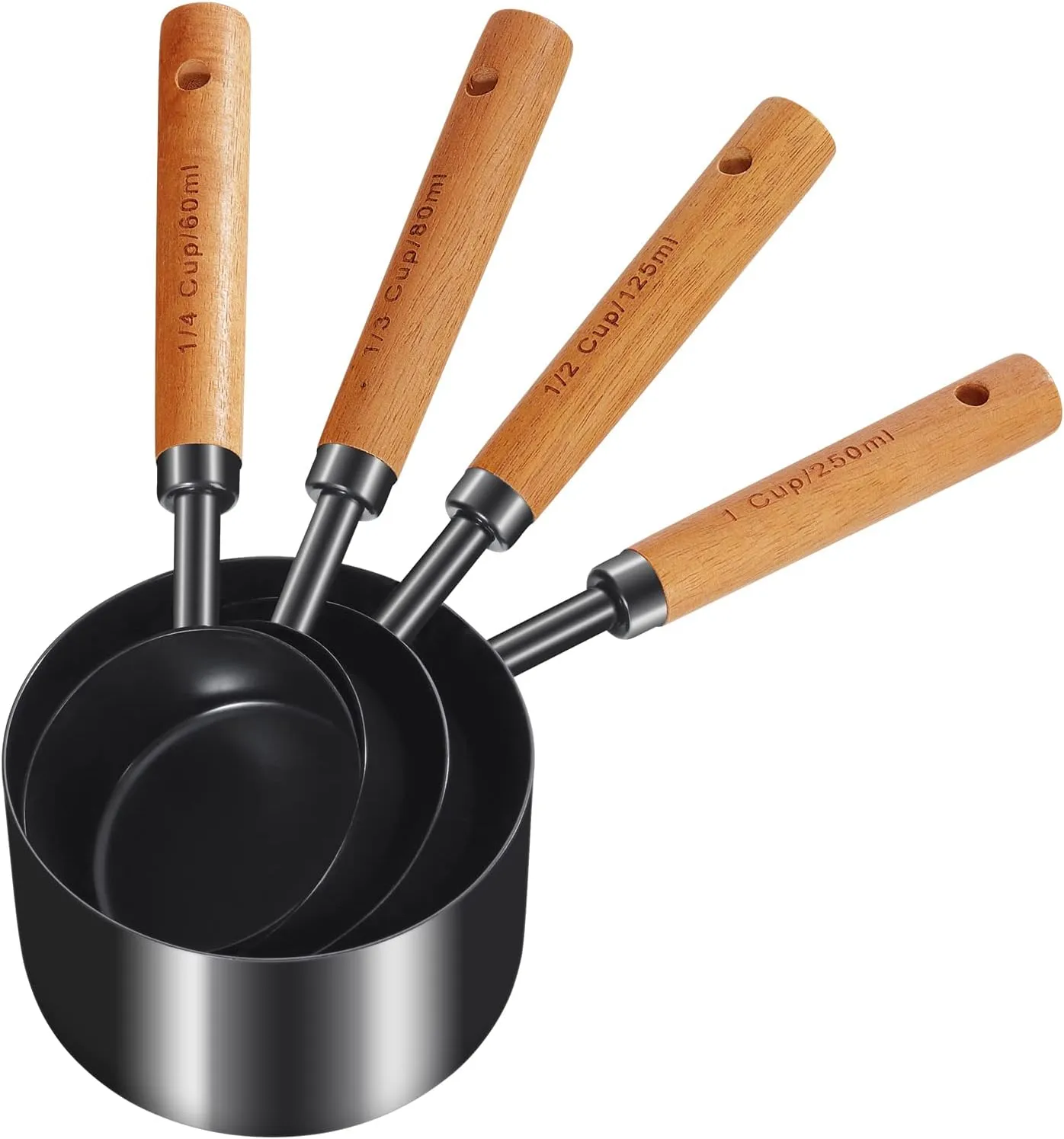 GuDoQi Measuring Cups and Spoons Set of 8, Wood Handle with Metric and US Measurements, Premium Stainless Steel, Black Polished Finish, Dry & Liquid Measuring Cup, for Cooking and Baking
