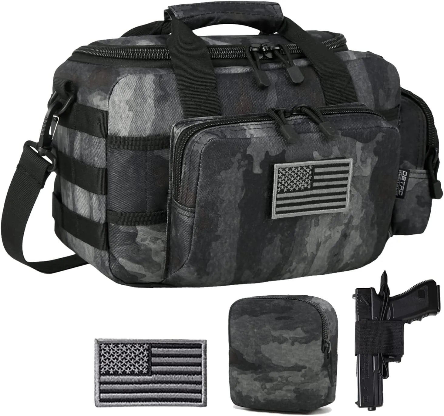 Gun Case Bag Small | Tactical 2-Pistol Bag Handgun Duffle Bag w/Lockable Zipper for Shooting Range Hunting Sports | US Flag Patch   MOLLE Pouch   Universal Holster Included