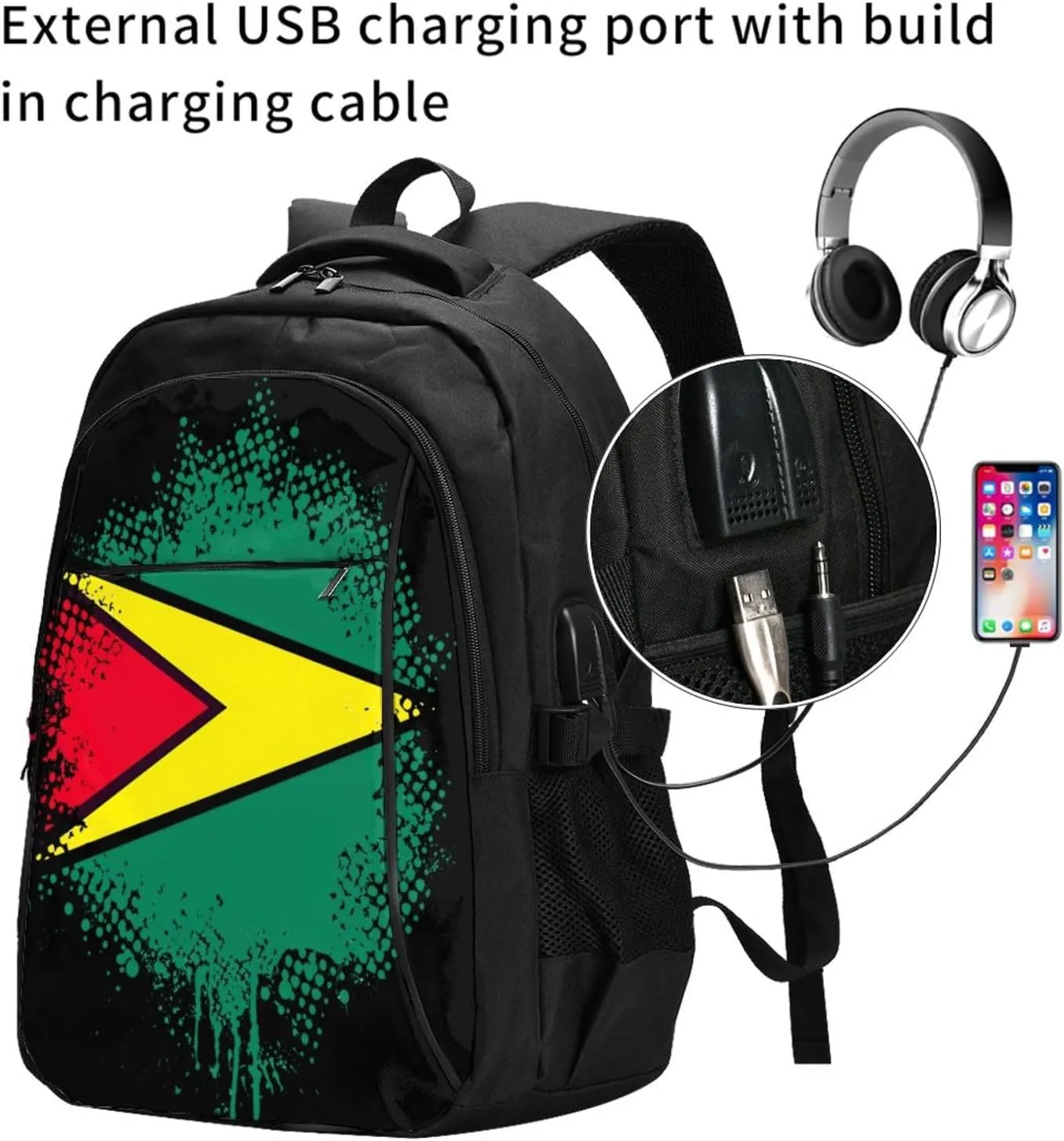Guyana Guyanese Flag Travel Backpacks Casual Backpack Large Capacity Laptop Rucksack Luggage Daypacks with USB Charging Port Multi-Pockets Bags for Hiking