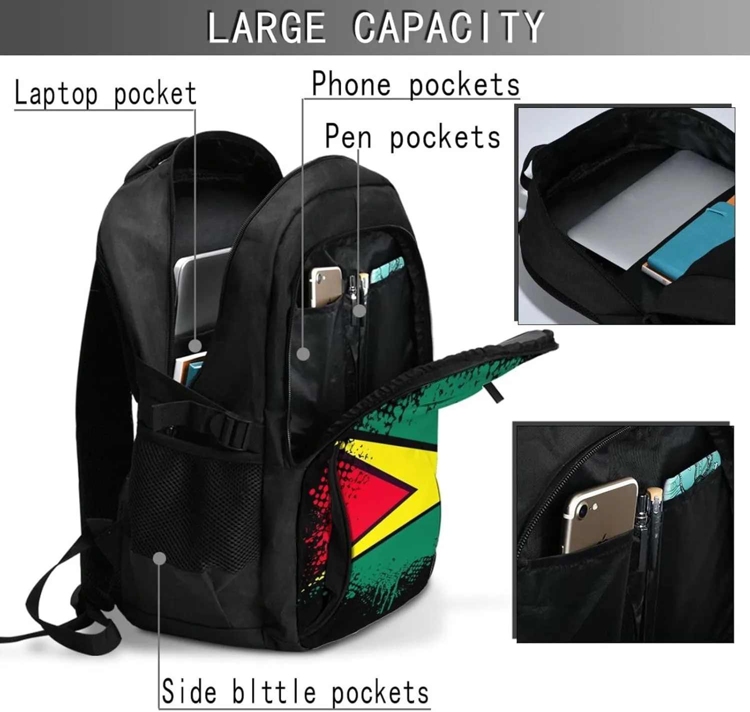 Guyana Guyanese Flag Travel Backpacks Casual Backpack Large Capacity Laptop Rucksack Luggage Daypacks with USB Charging Port Multi-Pockets Bags for Hiking