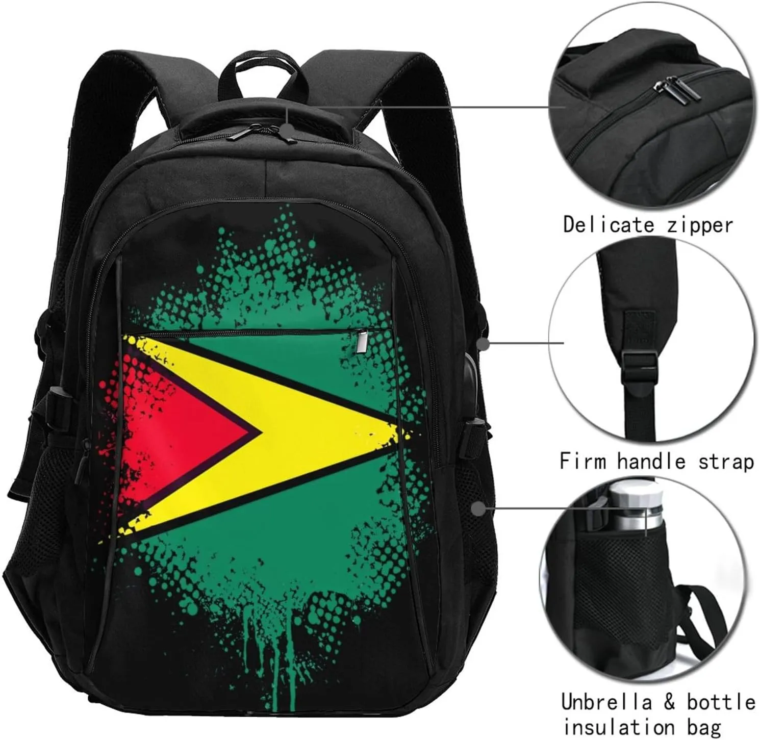 Guyana Guyanese Flag Travel Backpacks Casual Backpack Large Capacity Laptop Rucksack Luggage Daypacks with USB Charging Port Multi-Pockets Bags for Hiking