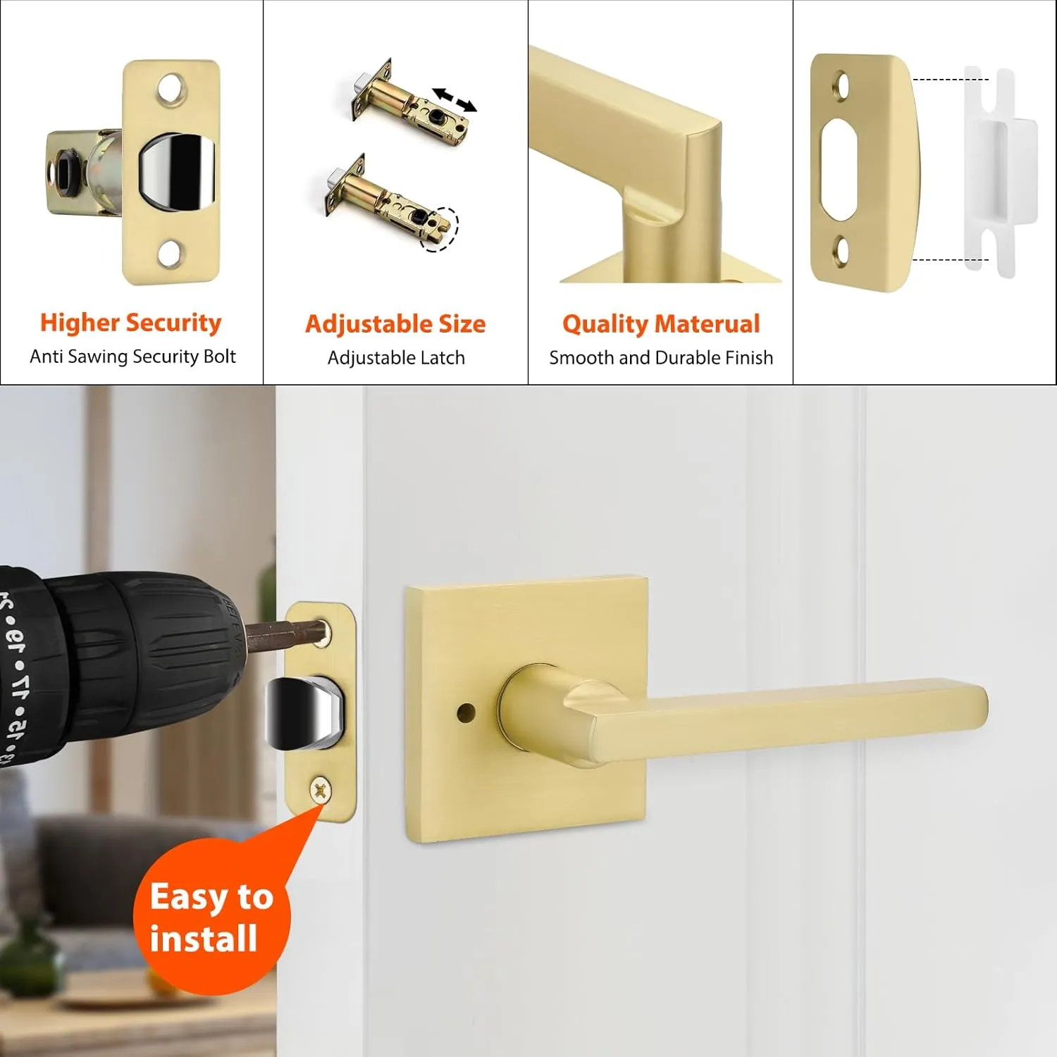 Haidms Gold Door Handles Interior, Zinc Alloy Brushed Gold Privacy Interior Door Handles for Bathroom, Modern Bedroom Lever Doorhandles (6 Pack)