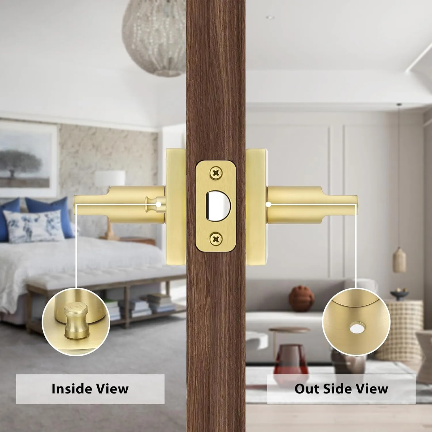 Haidms Gold Door Handles Interior, Zinc Alloy Brushed Gold Privacy Interior Door Handles for Bathroom, Modern Bedroom Lever Doorhandles (6 Pack)