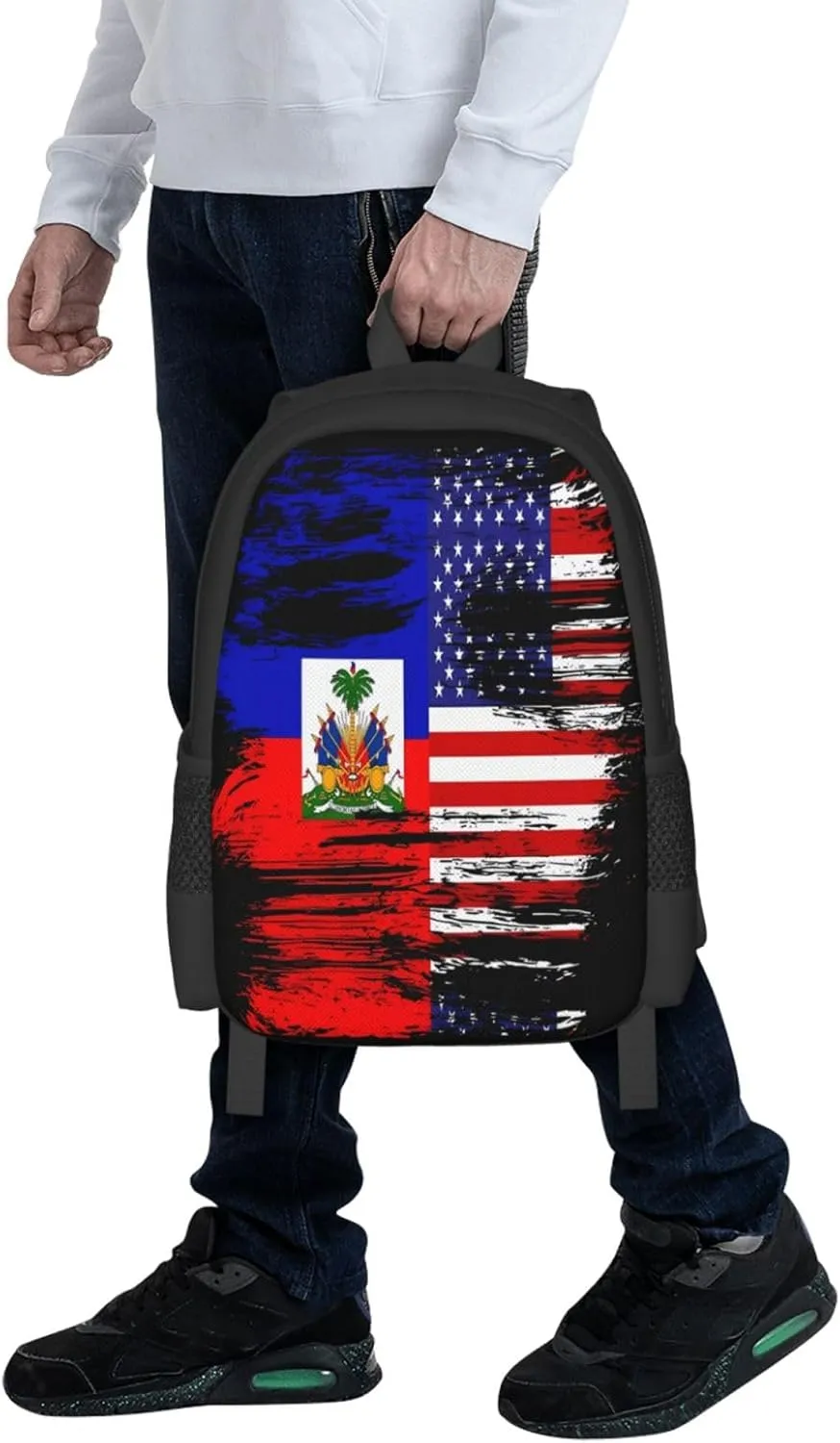 Haiti Haitian American Flag Casual Backpack Large Capacity Backpacks 15 Inch Laptop Back Pack Travel Rucksack Daypack Commuter Bags with Adjustable Strap for Camping