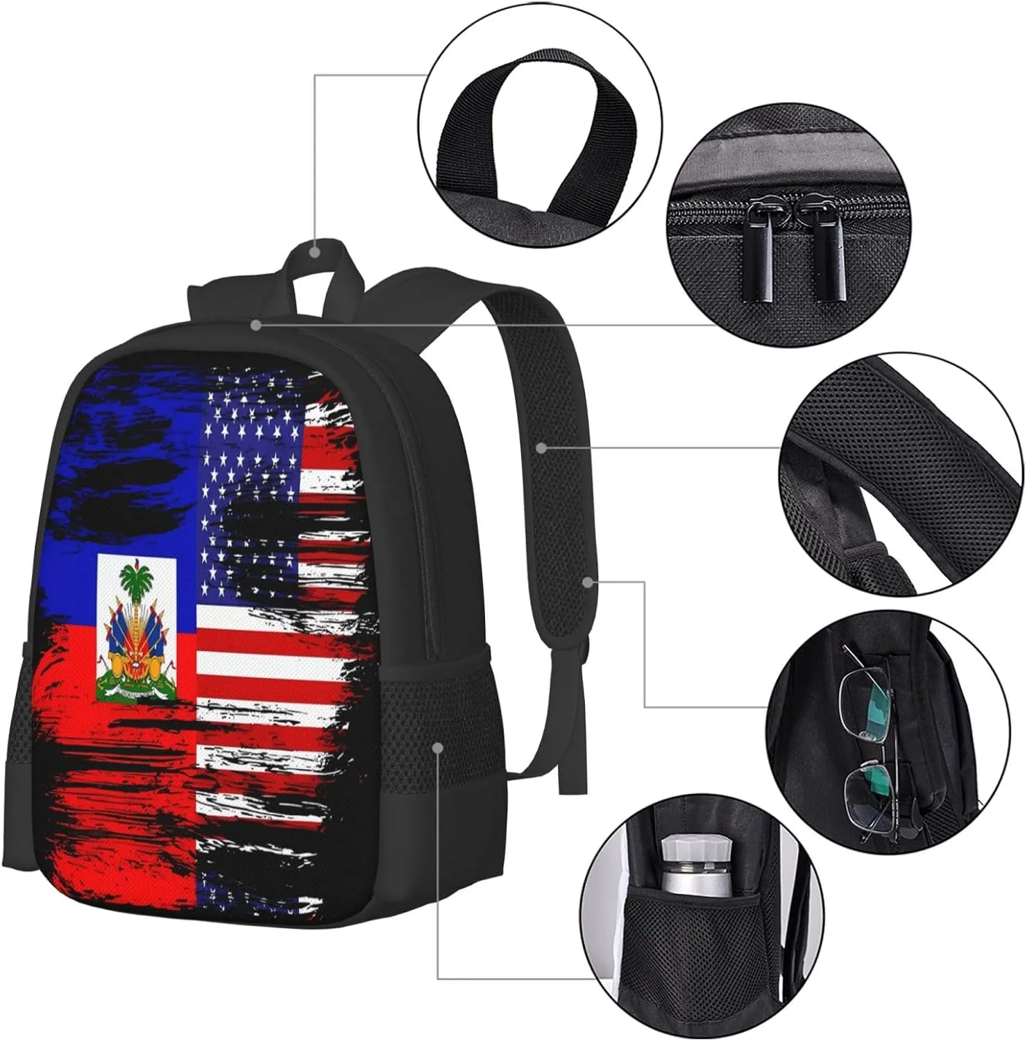 Haiti Haitian American Flag Casual Backpack Large Capacity Backpacks 15 Inch Laptop Back Pack Travel Rucksack Daypack Commuter Bags with Adjustable Strap for Camping
