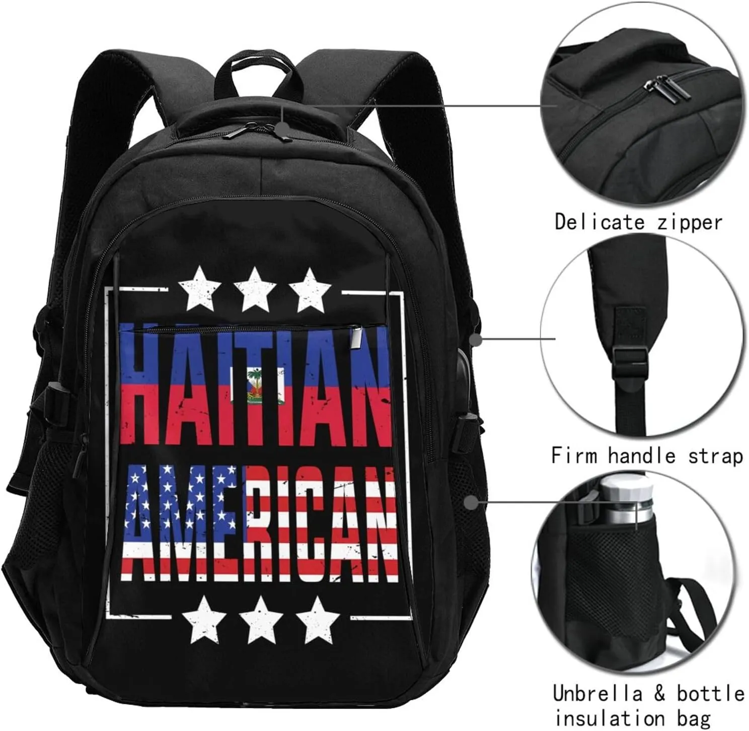 Half American Haitian Flag Travel Backpacks Casual Backpack Large Capacity Laptop Rucksack Luggage Daypacks with USB Charging Port Multi-Pockets Bags for Hiking