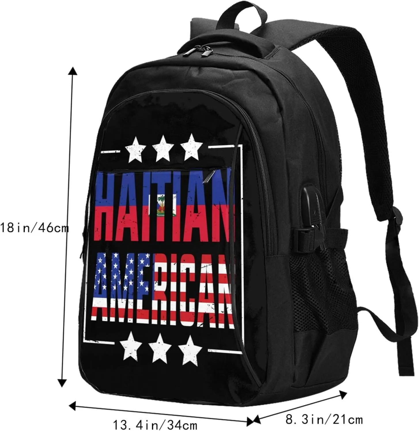 Half American Haitian Flag Travel Backpacks Casual Backpack Large Capacity Laptop Rucksack Luggage Daypacks with USB Charging Port Multi-Pockets Bags for Hiking