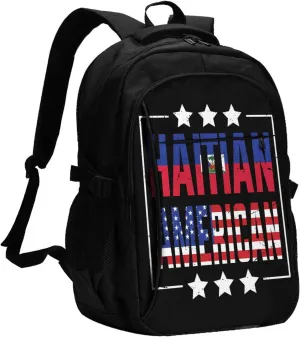 Half American Haitian Flag Travel Backpacks Casual Backpack Large Capacity Laptop Rucksack Luggage Daypacks with USB Charging Port Multi-Pockets Bags for Hiking
