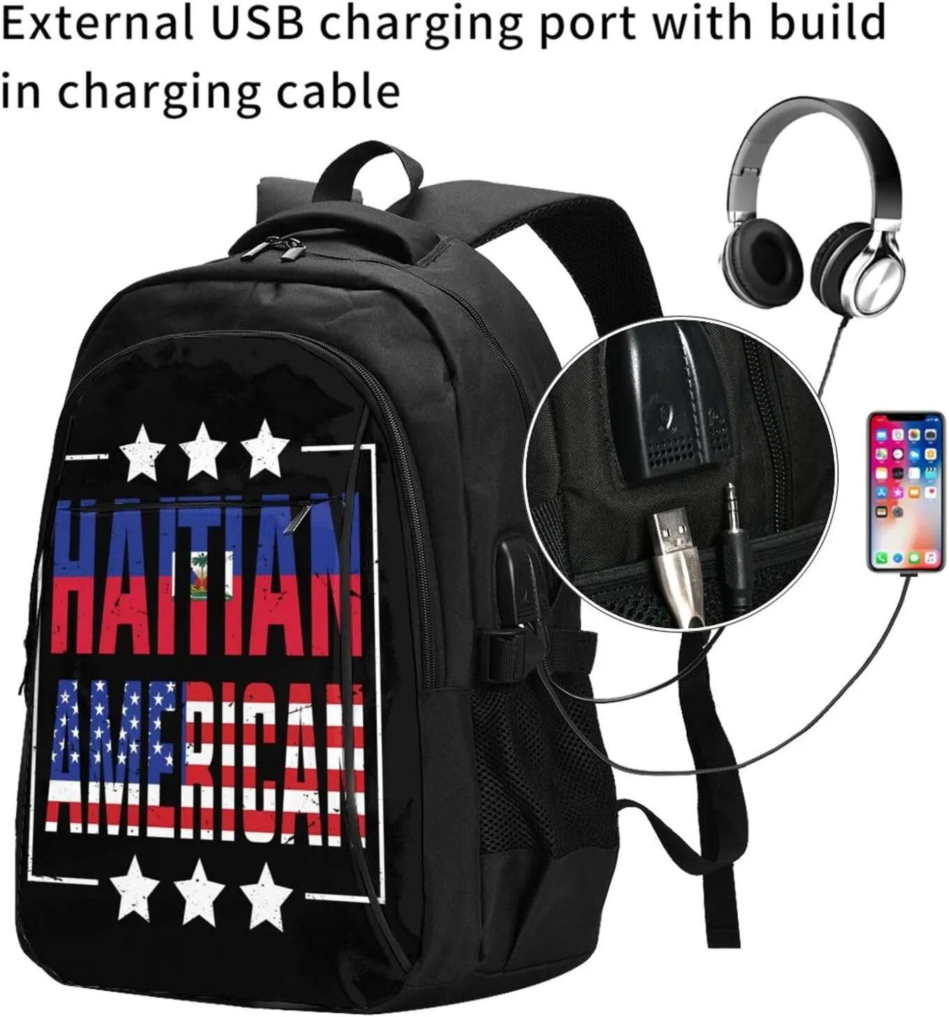 Half American Haitian Flag Travel Backpacks Casual Backpack Large Capacity Laptop Rucksack Luggage Daypacks with USB Charging Port Multi-Pockets Bags for Hiking
