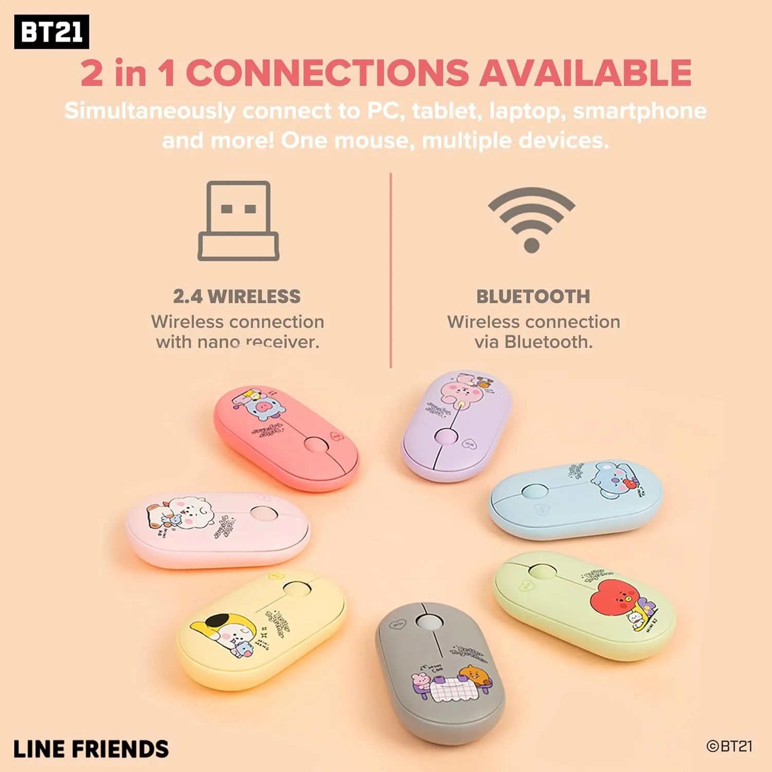 Hamee BT21 My Little Buddy Series Mouse [Computer Mouse Wireless Cute] [Silent Nano Receiver Mouse Office Birthday] [BT21 Mouse] for Laptop, iPad, MacOS, PC, Windows, Android - RJ