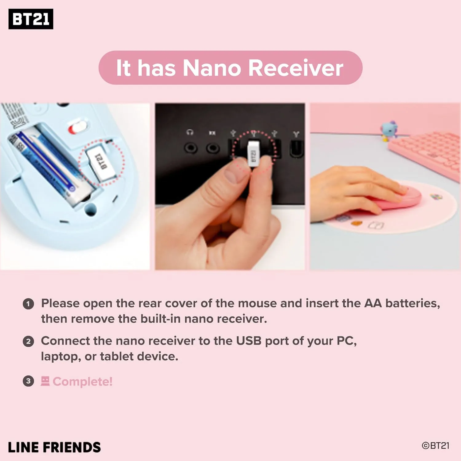 Hamee BT21 My Little Buddy Series Mouse [Computer Mouse Wireless Cute] [Silent Nano Receiver Mouse Office Birthday] [BT21 Mouse] for Laptop, iPad, MacOS, PC, Windows, Android - RJ