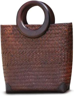 Hand-woven Womens Straw Large Boho Handbag Bag for Women, Summer Beach Rattan Tote Travel Bag with Wood Round Top Handle (Brown)