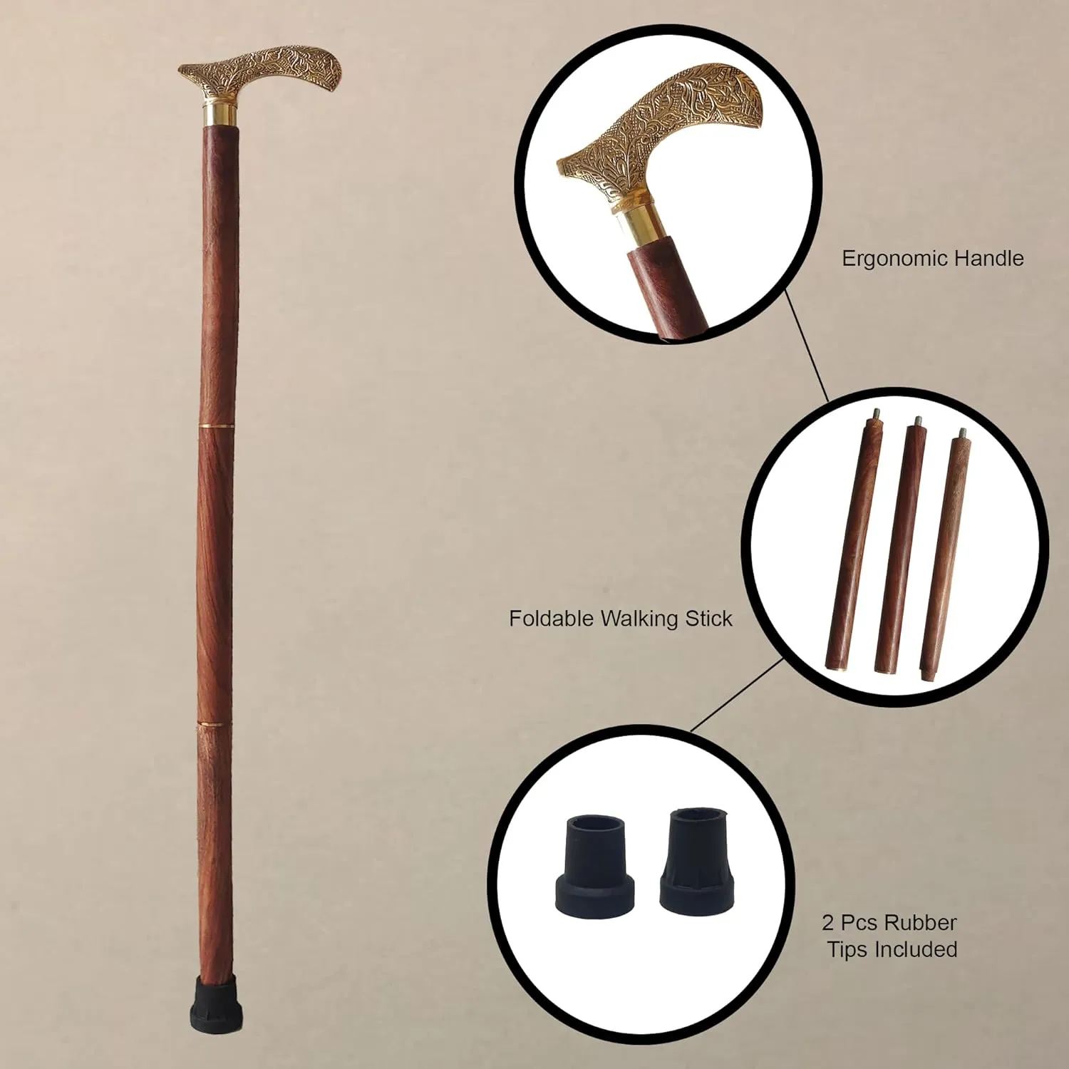 Handmade Wooden Walking Cane | Walking Stick 36" Approx with Brass Handle, 2 Rubber Tip for Man, Women, Seniors, Great Gift Idea | Galaxy Indiacraft