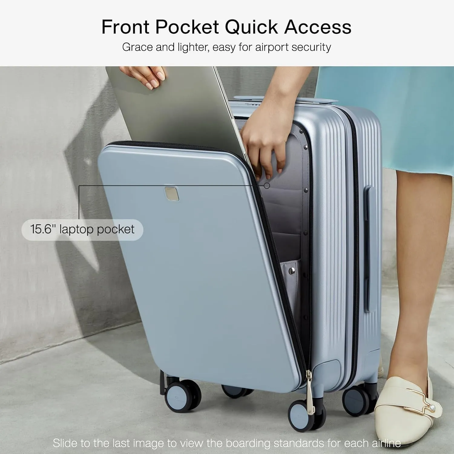 Hanke Grace Carry On Luggage with Wheels Airline Approved Hard Shell Suitcases with Front Pocket，Top Opening Luggage with TSA Lock for Short Business Travel， Grey.